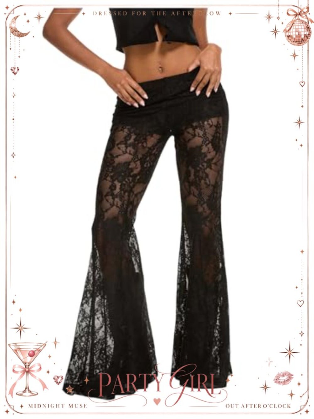 Floral Lace Sheer Flare Pants Y2K Rave Outfit with Shorts